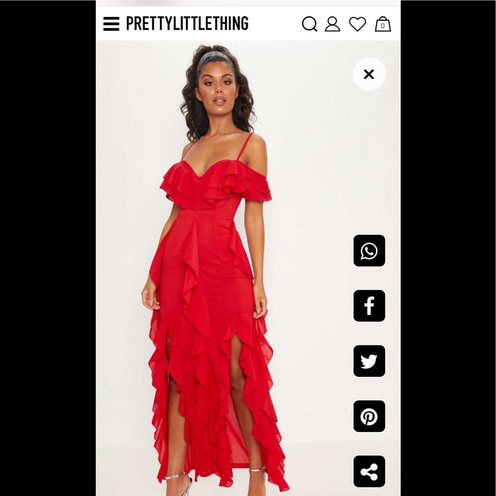 Red cold shoulder ruffle detail maxi dress